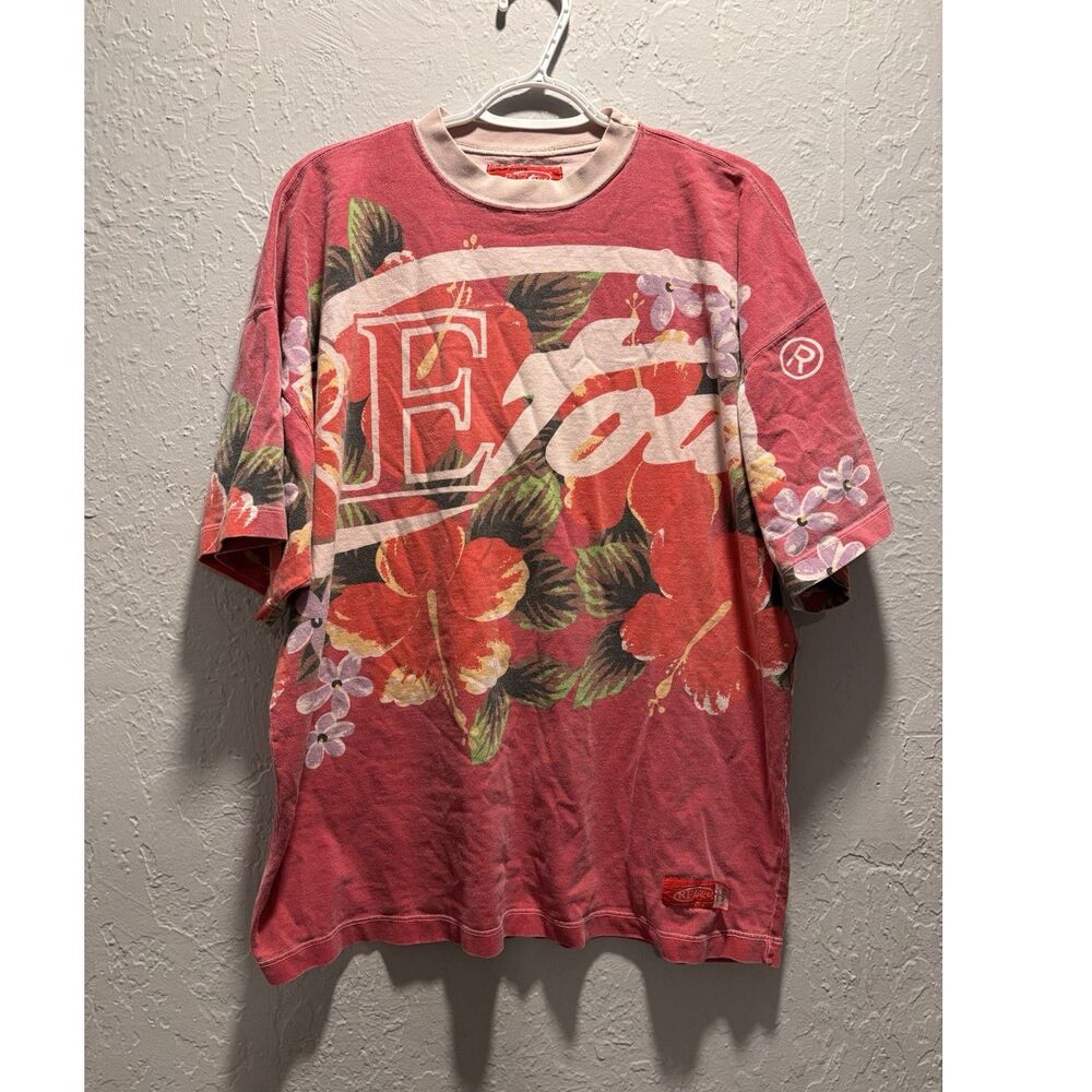 RE tour Men's Red Knit Short Sleeve Crew Neck Hawaiian Graphic Logo T-Shirt L